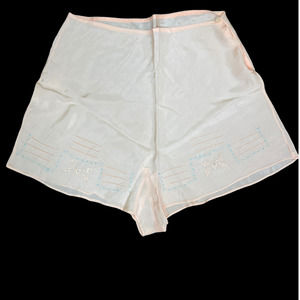 Vintage Womens Tap Pants High Waist Soft Pink Silk Embroidered Floral